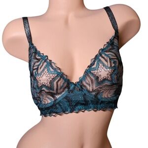 Savage X Fenty Real Black Green Stars Metallic Lace Underwire Bra 34B NWT